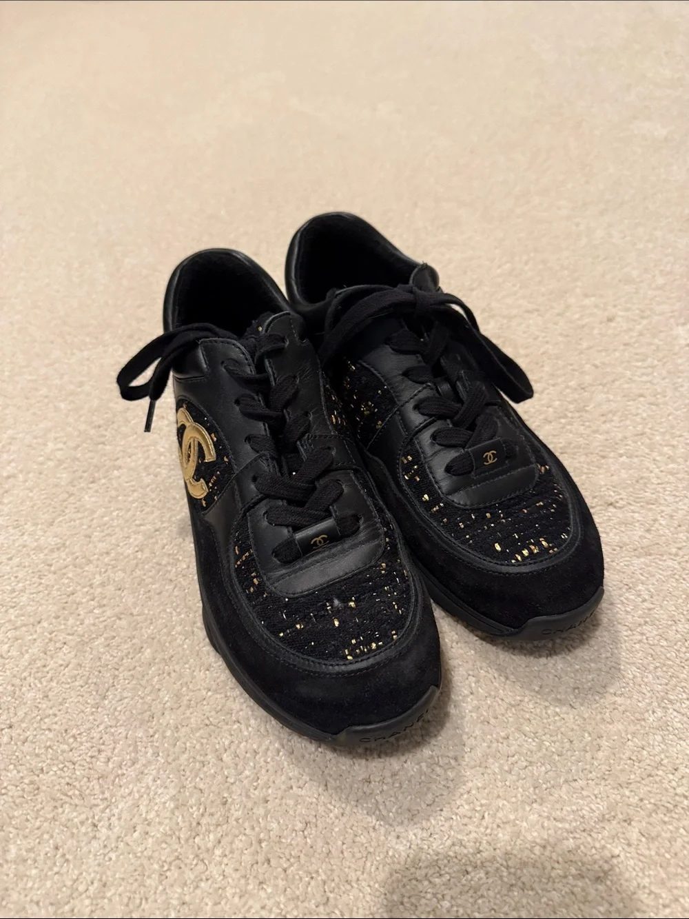 Chanel Tweed Velour and Leather Sneakers